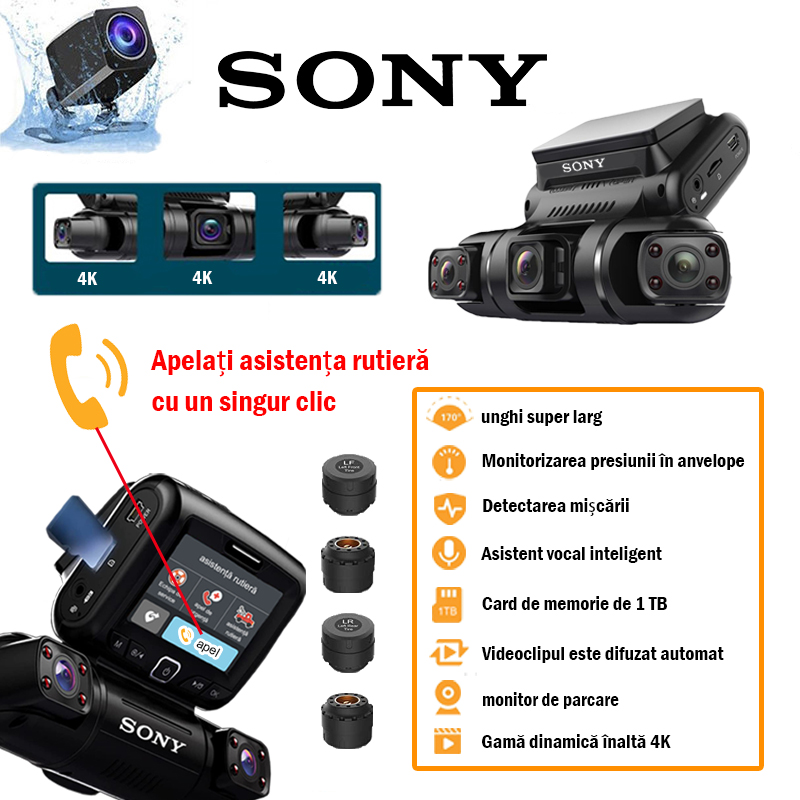 Gazdă înregistrator de condus Sony 4K + serviciu de asistență rutieră*1 (fără limită de timp, disponibil în orice moment) + asistent vocal inteligent Sony + poziționare GPS + monitorizare presiunii în pneuri + card de memorie de 1 TB + accesorii